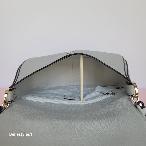 KATE SPADE Hudson Pebbled Leather Medium Flap Convertible Shoulder Bag-Platinum⭐ - Picture 14 of 16